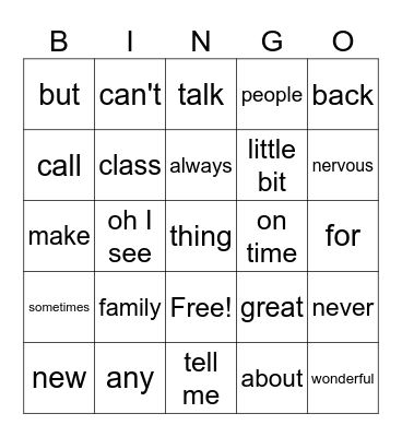 ASL Lesson 11 Bingo Card