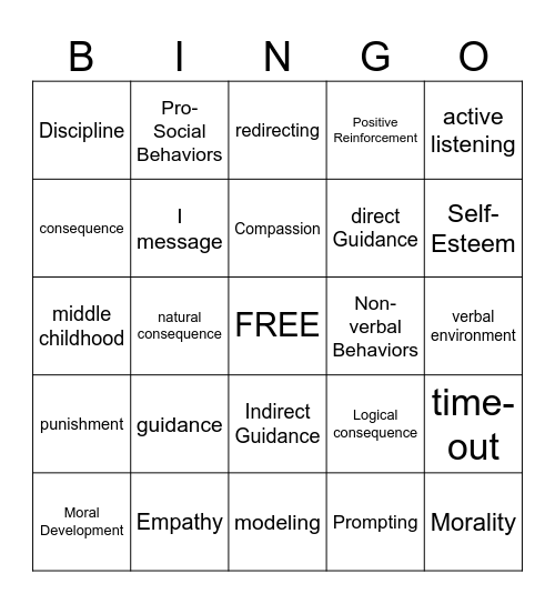 Middle Childhood Bingo Card