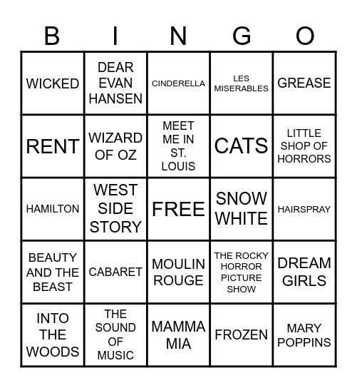 MUSICALS Bingo Card