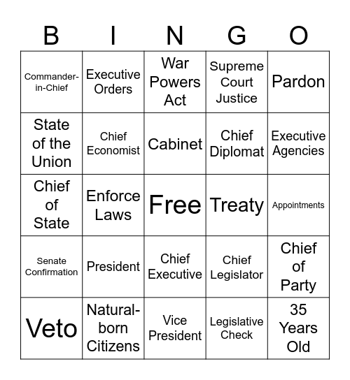 Executive Branch Bingo Card
