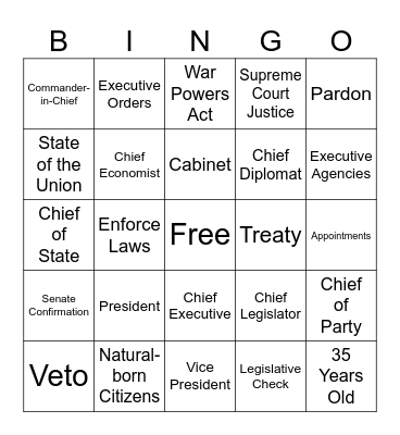 Executive Branch Bingo Card