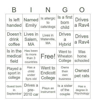 Wedding Guest Bingo Card