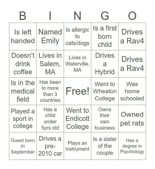 Wedding Guest Bingo Card