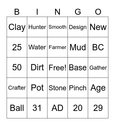 Pottery Vocabulary Bingo Card