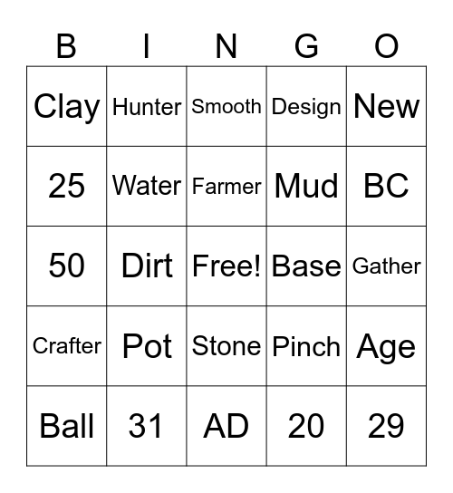 Pottery Vocabulary Bingo Card