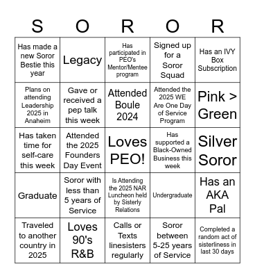 PEO Sisterly Relations BINGO Card