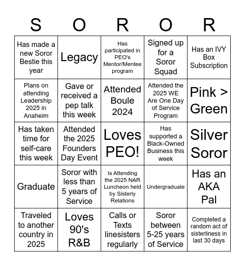 PEO Sisterly Relations BINGO Card