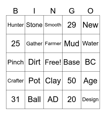 Pottery Vocabulary Bingo Card