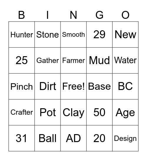 Pottery Vocabulary Bingo Card