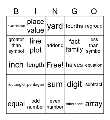 Second Grade Math Vocabulary Bingo Card