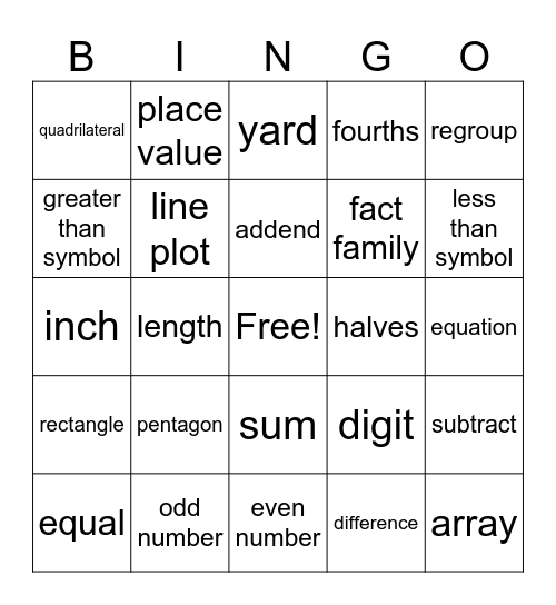 Second Grade Math Vocabulary Bingo Card
