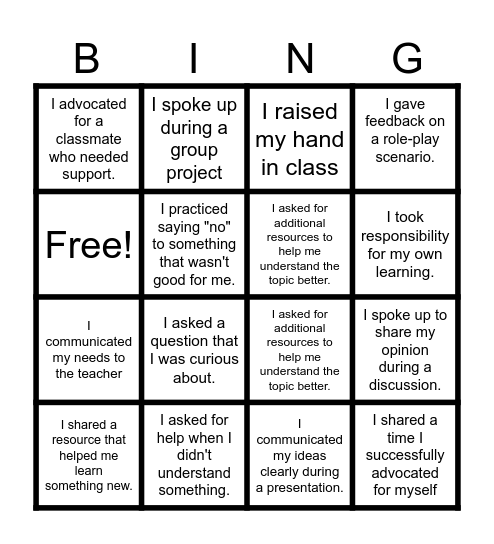 Advocacy Bingo Card