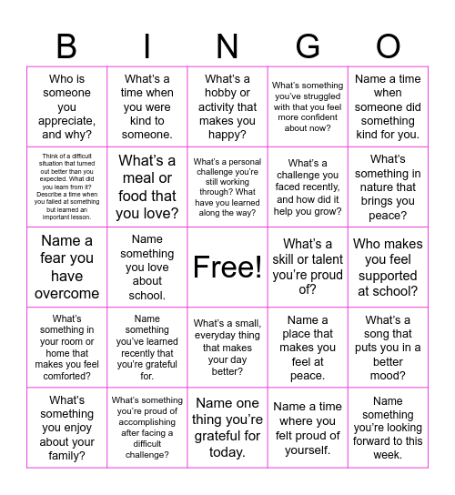 Gratitude Bingo Card