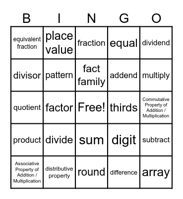 Third Grade Math Vocabulary Bingo Card