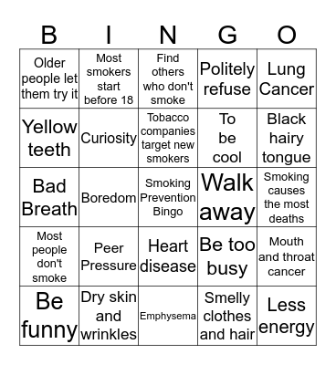 Smoking is not for me! Bingo Card