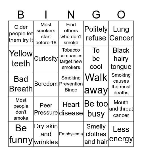 Smoking is not for me! Bingo Card