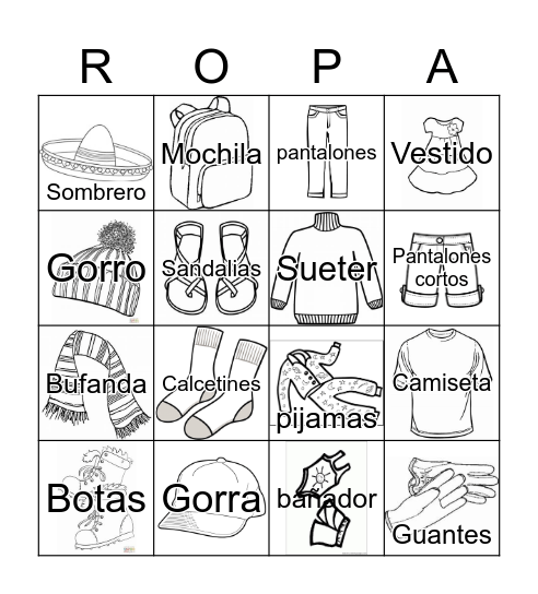 Ropa Bingo Card