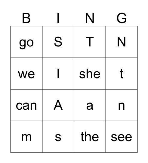 Kindergarten 1 Bingo Card