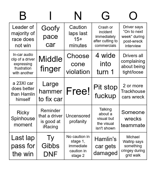 Nascar Bingo Card