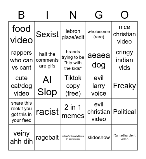 instagram reel bingo Card