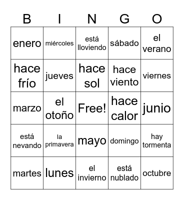 Días, meses, estaciones y clima Bingo Card