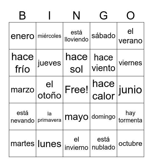 Días, meses, estaciones y clima Bingo Card