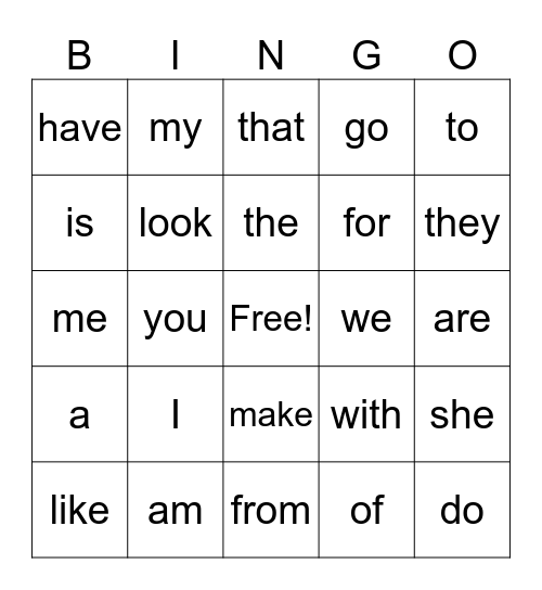 Sight Word Bingo Card