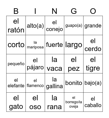 Los animales Bingo Card
