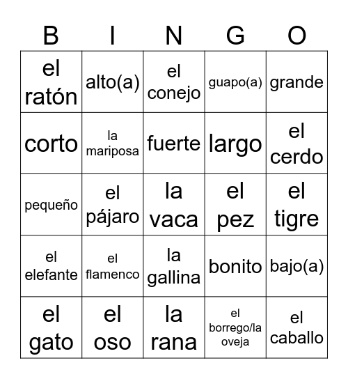 Los animales Bingo Card