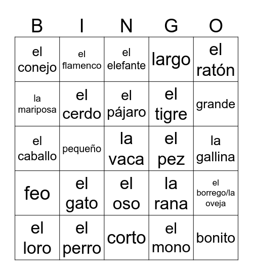 Los animales Bingo Card
