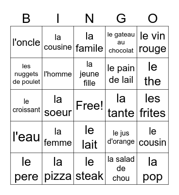 Oliver bingo. French foods/ drinks and family Bingo Card