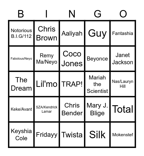 R&B HITS Bingo Card