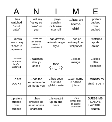 anime club: find someone who... Bingo Card