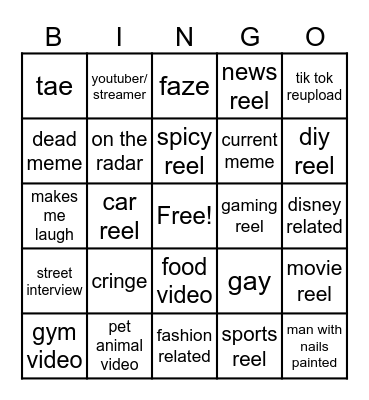 Instagram reel bingo Card