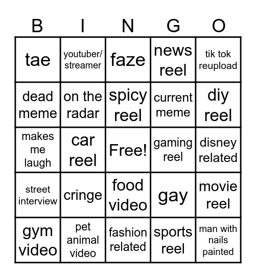 Instagram reel bingo Card