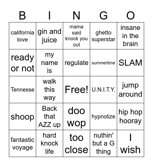90's hip hop Bingo Card