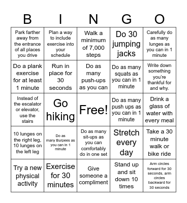 Move More Challenge - Set your weekly goals! Bingo Card
