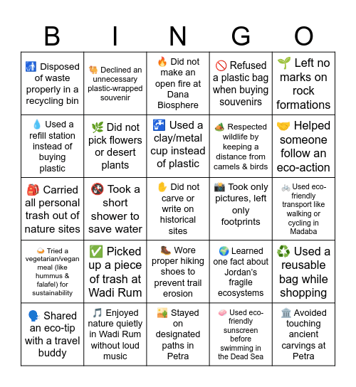Leave No Trace (LNT) Bingo - Jordan Edition Bingo Card