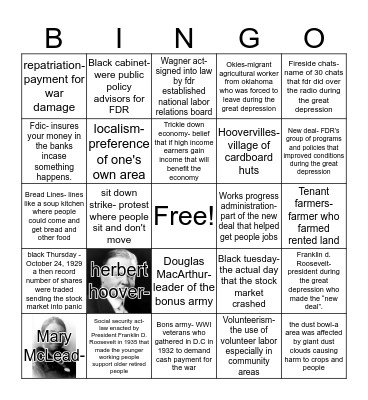 The Great Depression Bingo Card