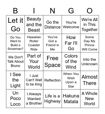 Music Bingo Disney Bingo Card