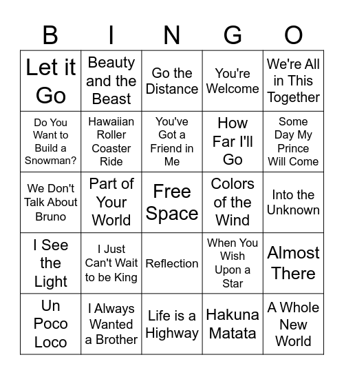 Music Bingo Disney Bingo Card