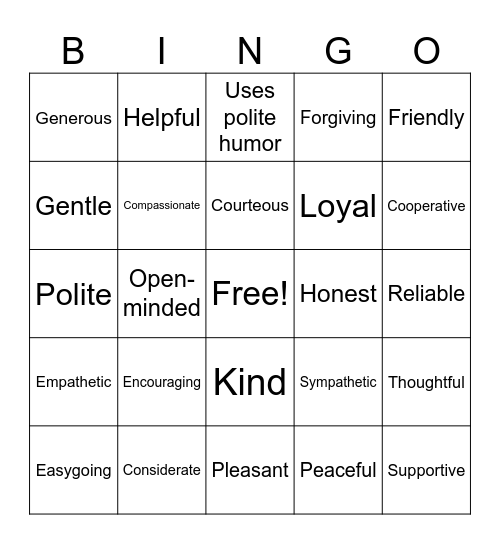 Qualities of a good friend Bingo Card