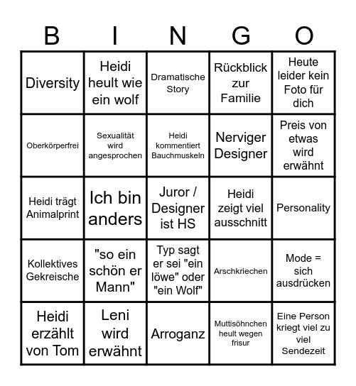 Germanys next Topmodel Bingo Card