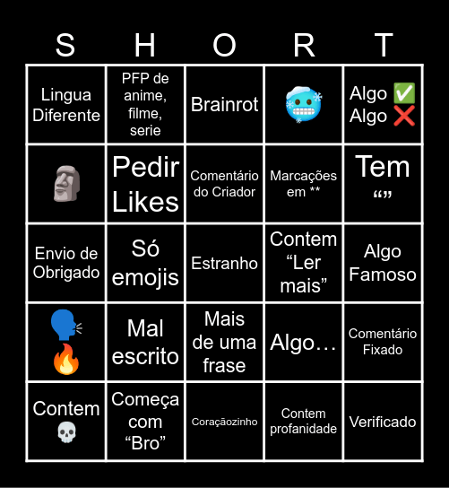 Youtube Shorts Bingo Card