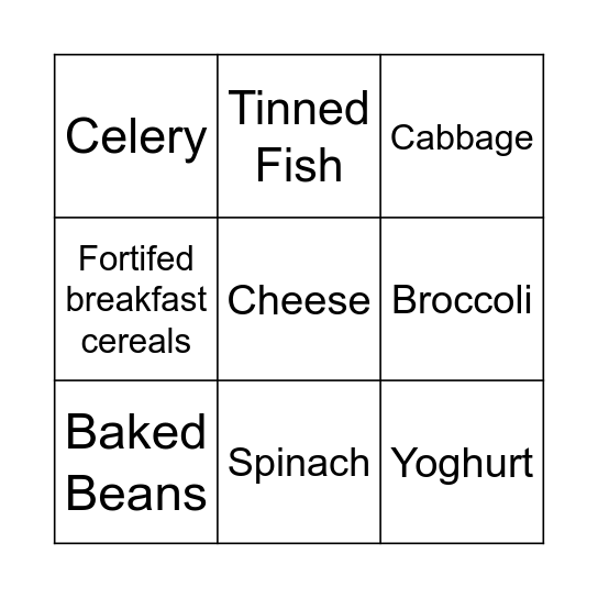 Sources of Calcium Bingo Card