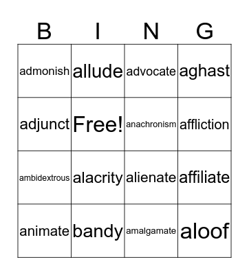 Unit 2 vocabulary Bingo Card