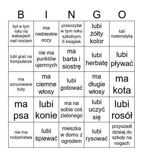 klasa 4B Znajdź kogoś kto ... Bingo Card