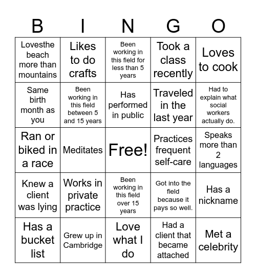 3rd Annual Social Work Gathering Bingo Card