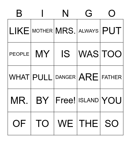 SIGHT WORD BINGO Card
