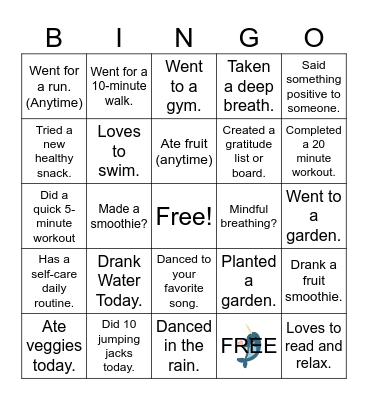 Narwhal Healthy Habit Bingo Card